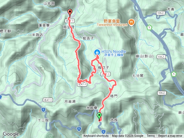 大格門登山口>大格門山路線->四分子古道->月扇湖山->月扇湖山大岩壁->烏塗窟預覽圖