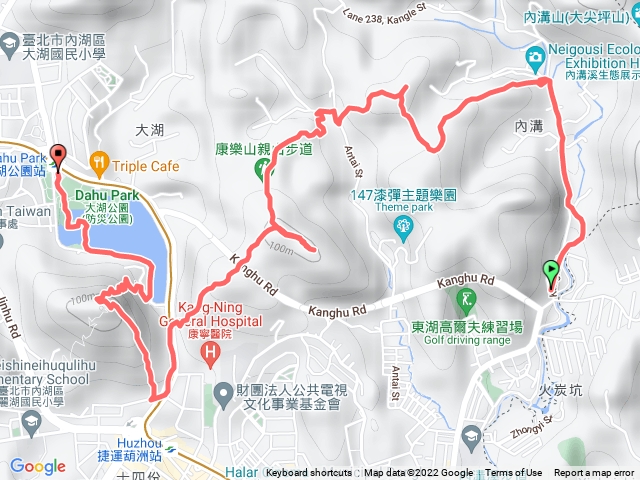 2022-05-03 南寮站→內溝溪生態展示館→明舉山→水源頭福德宮→康樂山→百年橄欖→白鷺鷥山→捷運大湖公園站