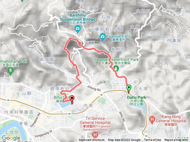 捷運大湖公園站→大溝溪生態治水園區→鯉魚山→碧山巖→忠勇山→金龍禪寺→碧湖公園