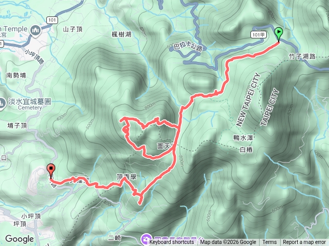 雙北北投淡水陽明山郊山行程：二子坪.向天池.向天池山.向天山.面天山.頂菁礐山.中菁礐山.頂菁礐古道.興福寮.真聖宮“又”字型縱走。預覽圖