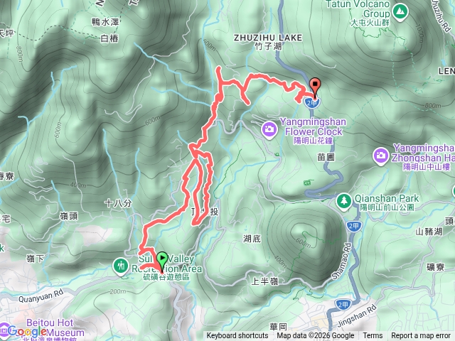 硫磺谷-風尾步道-頂圳步道-十八拐圳步道-草山觀瀑吊橋-滾水頭-玉瀧谷-槴子寮古道-紫明溪步道-陽明山書屋站預覽圖