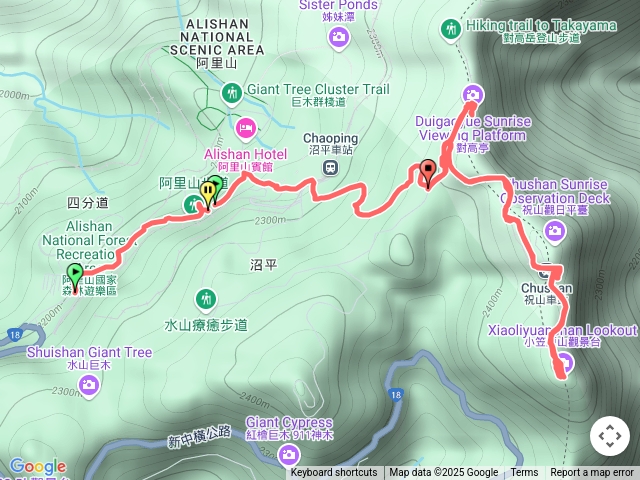 阿里山遊園區門口→祝山觀日步道→對高岳車站觀景臺→祝山車站→小笠原觀景臺預覽圖