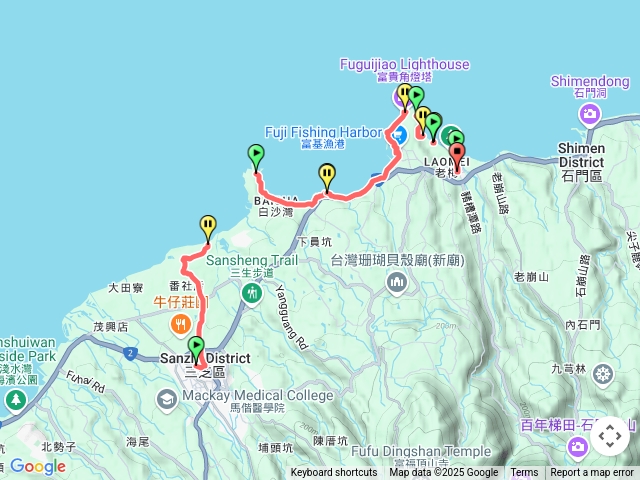 三芝國中→八仙宮→風芝門自行車道→麟山鼻步道→北海岸觀音山國家風景區→白沙灣→富基漁港→富貴角燈塔→老梅綠石槽