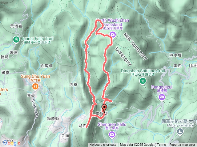 陽明山 坪頂古圳步道-荷蘭古道西線-高頂山-大草原-北五指山-石溪山-登峰圳步道-鵝尾山-內雙溪古道 O繞預覽圖