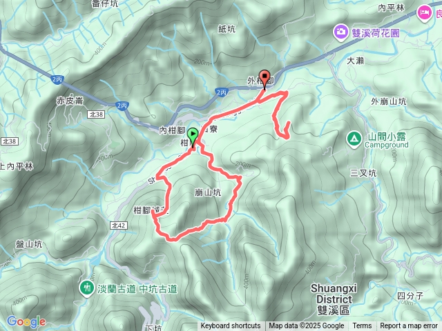 2025-08-25 雙溪二柑連走─柑腳城山登山口→柑腳城山→下坑谷線鞍部→崩山坑古道→陳家古厝→無量光寺→觀景點→外柑腳山