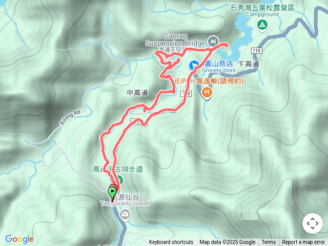 高遶溪古圳步道，停車場，步道入口，繩索橋，廁所，觀瀑平台，軍事遺構，天空吊橋，圓山商店，羅馬公路