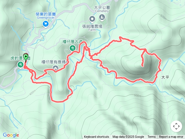 虎豹潭古道連走大平山，虎豹潭停車場，福壽宮，曹田公館，樓仔厝古道，樓仔二號橋，保安林界，大平山腰古道，古早厝地，百年石砌土地公廟，大平山，紅壇古道，樓仔一號橋預覽圖