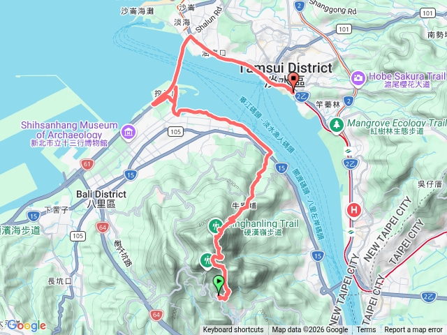 新北五股.八里.淡水地區郊山行程：觀音山小北插.鷹仔尖.硬漢嶺.越嶺下八里渡船頭；加碼八里左岸自行車道.淡江大橋.淡水老街健走活動。預覽圖