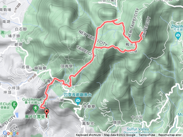貴子坑親山步道 - 清天宮 - 面天坪涼亭 - 大屯山西峰 - 大屯山南峰 - 大屯山 - 二子坪 - 清天宮 - 貴子坑青山步道