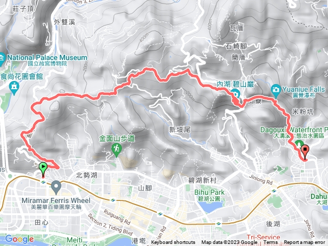 1121125捷運劍南路站1號出口->格物台->文間山->鄭成功廟步道->忠勇山->碧山嚴->圓覺瀑布->捷運大湖公園站