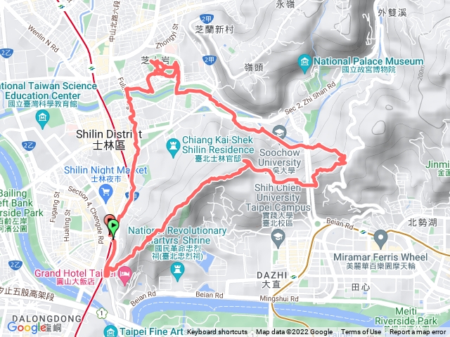 劍潭捷運站→圓山風景區→小百岳劍潭山→老地方觀機平台→文間山→東吳大學→至善公園→芝山岩→劍潭