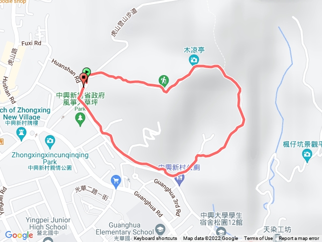 中興新村虎山步道之2，省府大樓旁步道入口二進，31倉庫旁步道入口三出，右轉環山路走回出發點，O型。