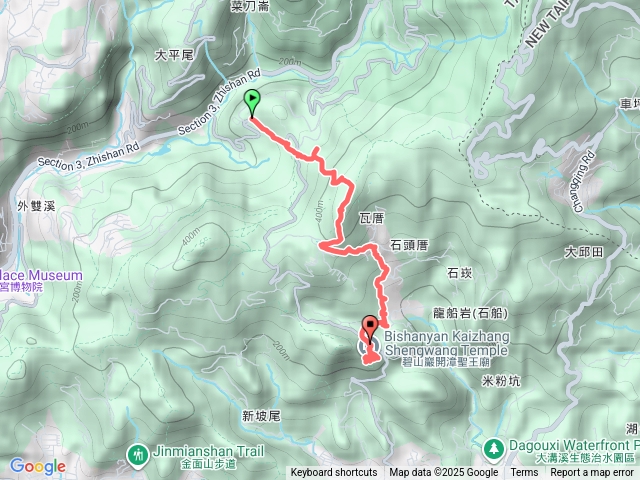 內雙溪自然中心→太陽廣場石頭厝→大崙頭山森林木棧步道→乘風堡(大崙頭山)→大崙湖許願樹夫妻樹同心池白石湖吊橋碧山巖