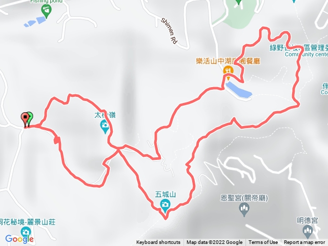 土城石門路70號步道入口-約100m處左轉走69步道-太極嶺-下左轉至山中湖-文筆山登山口-經菜園-天上山縱走-五城山-步道直下回70號步道入口