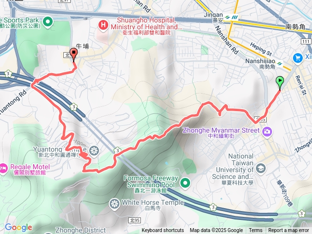 南勢角捷運站＞國強嶺＞國勝嶺＞迎日石＞國旗嶺（外南勢角山）＞鄧公嶺＞長壽嶺＞圓通寺步道＞福德宮＞