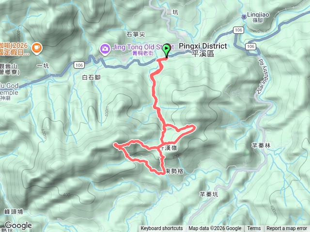 平溪國中～東勢格越嶺步道～咸豐嶺古道～白石後仙洞～峭壁雄峰～東勢格越嶺步道～臭頭山～東勢格越嶺步道～平溪國中。 （新北平溪）預覽圖