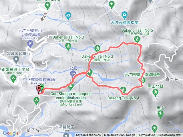 中正露營區停車場始，大坑4號上，3-1下