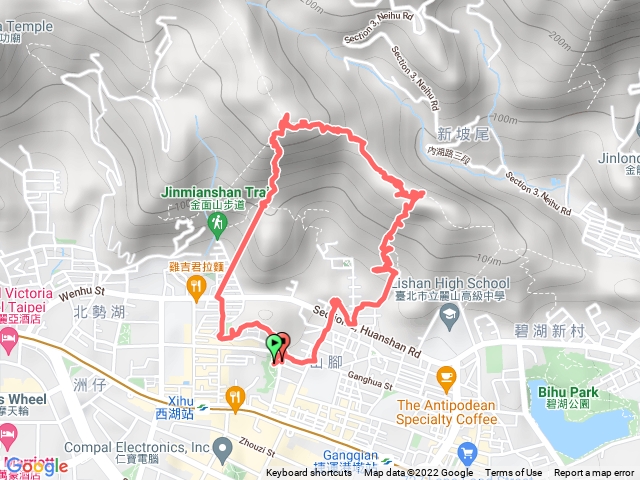西湖公園地下停車場-環山路一段136巷-金面山步道-竹月寺-大岩壁-剪刀石山-新坡尾山-泰安亭-環山路三段68巷-西湖公園地下停車場
