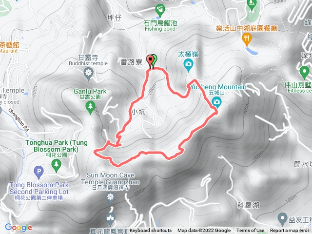 石門路70號步道入口-直上五城山-右轉天上山縱走-天上山鞍部-從楊桃樹下-產業道路-70號步道入口