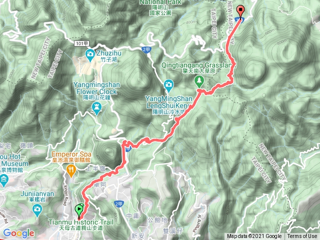  天母古道→前山公園→新園街→菁山遊憩區→絹絲瀑布→擎天崗→魚路古道→八煙