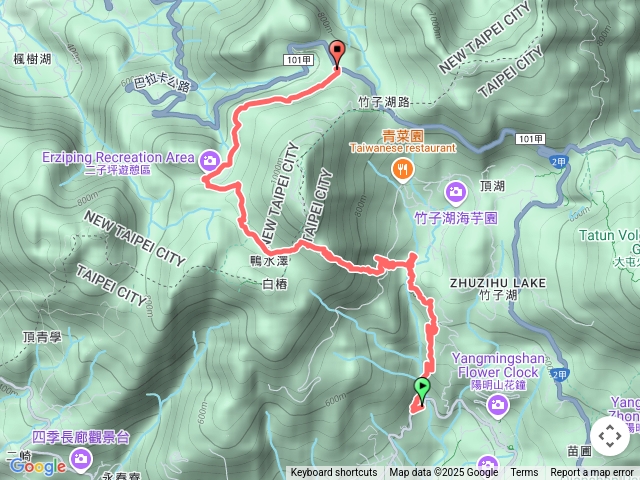圳內-猴崁古道-草山觀瀑吊橋-圳內百年土地公-滾水頭-猴崁水圳-青楓步道-鴨水澤舊山路-大屯山東南峰-二子坪