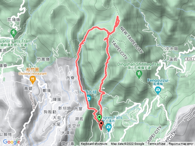 坪頂古圳公車站-坪頂古圳步道-荷蘭古道-高頂山-北五指山-風擎步道3K-杏林山-北五指山下-瑪礁古道-大崎頭步道-坪頂古圳公車站