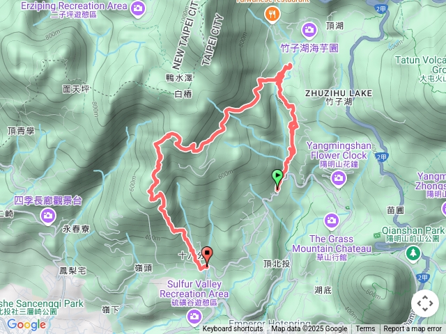 2025 D0429石牌捷運站→ 小8 內寮站牌 →草山觀瀑吊橋→ 猴崁古道 → 竹子湖吃土雞野菜 → 青峰步道→ 中正山北峰 → 中正山 → 十八份登山口 → 小 9 公車站牌 → 北投捷運站