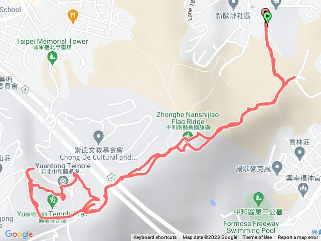 中和復興路301巷登山口-迎日石-國旗嶺-雀榕（小土地公廟）-長壽嶺-圓通寺-一線天-折返走至迎日石回301巷登山口