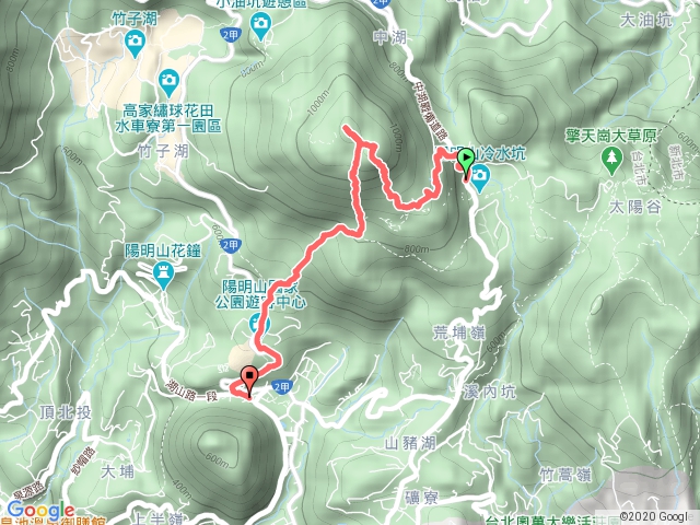 冷水坑服務區 -> 夢幻湖 -> 七星山東峰 -> 七星山主峰 -> 轉苗圃登山口 -> 陽明山總站