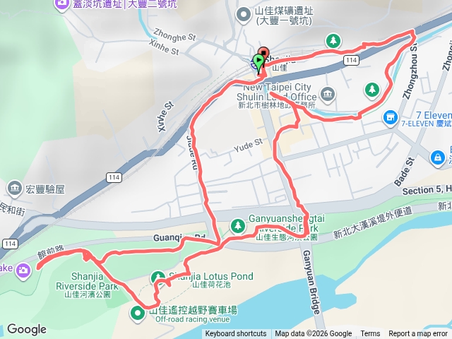 山佳車站--鐵道景觀公園--鹿角溪公園--山仔腳公園--山佳生態河邊公園--荷花池--沐心池--山佳