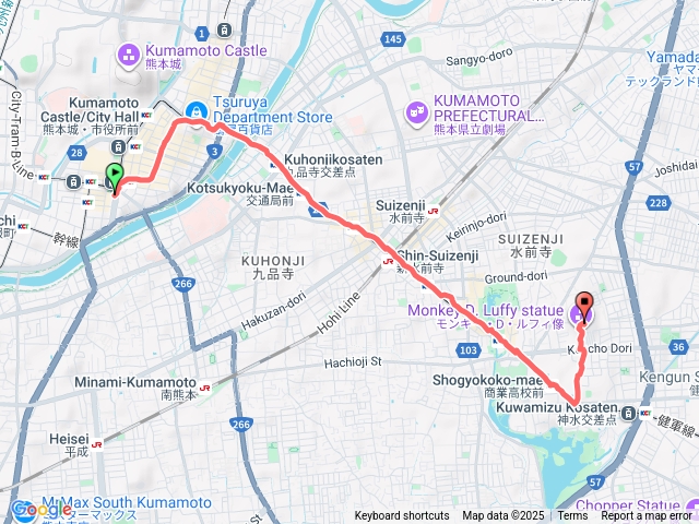 櫻町巴士中心~熊本縣廳（海賊王魯夫銅像）