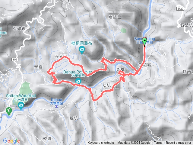 幼坑古道、魚寮山、幼坑山、粗坑瀑布、大華壺穴、野人谷瀑布群（翠谷瀑布、子母瀑布、天雲瀑布、茵夢湖）、五分寮山、三貂嶺瀑布群步道O 型預覽圖