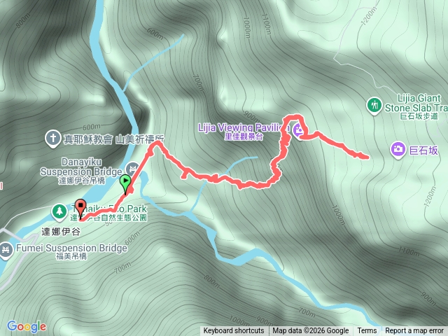 山美端入口：達娜伊谷停車場，巨石板步道、里美避難步道
