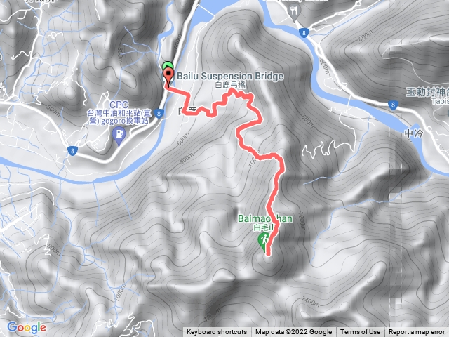 白鹿吊橋→登山口→白毛山三角點→登山口→白鹿吊橋 (原路折返)