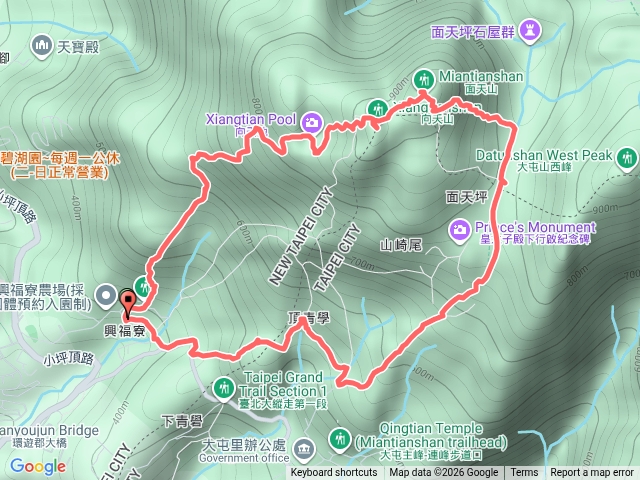 雙北地區北投.淡水郊山行程：興福寮上向天池.面天山O型縱走。(興福寮真聖宮.興福寮步道.向天池火口湖.向天山.面天山.面天坪.頂菁礐古道.興福寮真聖宮)預覽圖