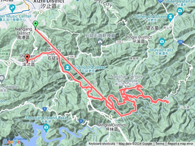 象山信義快速道路-坪林-南山寺-闊瀨-坪林環山道路磨石子坑-下華梵106縣道--台北市永吉松山路口車行。