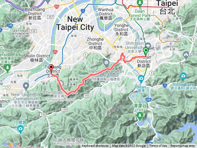 捷運大坪林-陽光橋-外挖子山-南勢角山-五尖山-文筆山-五城山-天上山-捷運永寧站