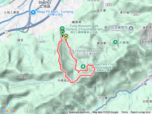 新北火焰山、天上山、桐花公園、收費停車場，O型路線逆時針預覽圖