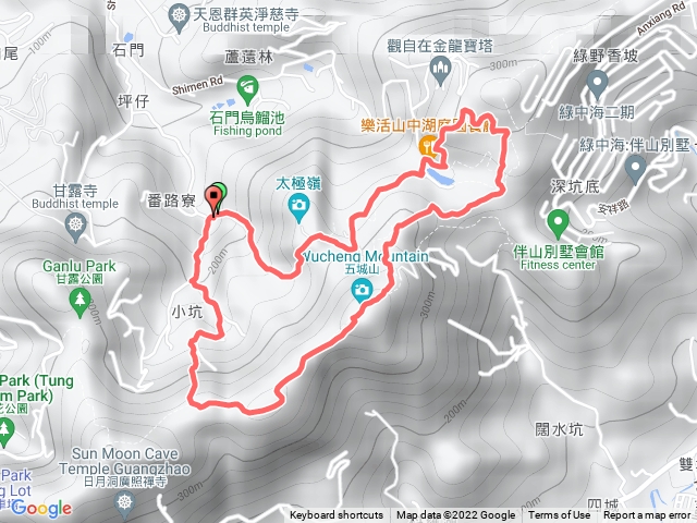 70號登山口-直上山中湖-山中湖文筆山登山口-西段天上山縱走-五城山-東段天上山縱走-0.75公里處下-麗景山莊-產業道路-回到70號登山口