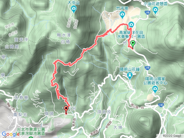 水車寮步道→海芋大道→黑森林→竹子湖→大梯田→青楓步道→中正山步道