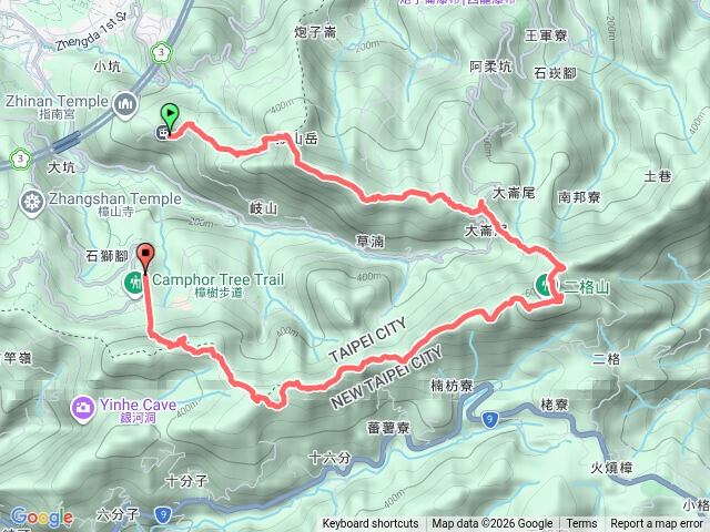 貓纜指南宮站經猴山岳/阿柔洋山/二格山/十六分山/三玄宮山至貓空站 10K 路線預覽圖