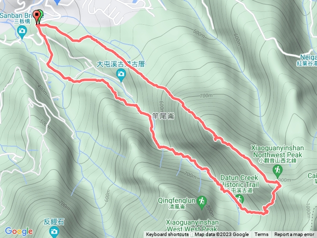 2023-09-17竿尾崙登山口-竿尾崙山-小觀音山西北峰-大屯溪古道-三板二橋-竿尾崙登山口預覽圖