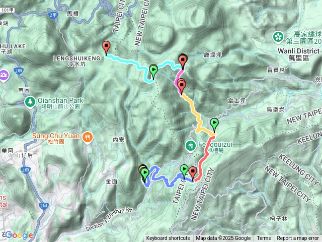 擎天崗-擎天崗山東峰-石梯嶺-富士古道-林市古道-瑞泉溪畔古道-石門嶺古道-雙溪山-聖人崙-聖人瀑布