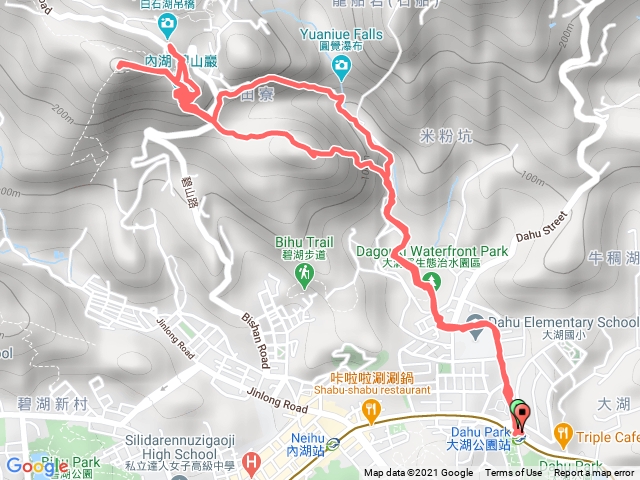 捷運大湖公園站→大溝溪生態園區→鯉魚山東峰→鯉魚山→碧山巖→忠勇山→白石湖吊橋→圓覺寺→圓覺瀑布O形