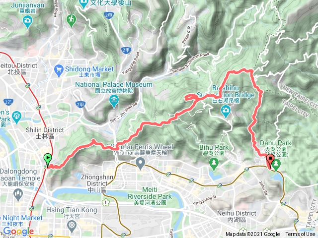 劍潭山-文間山-大崙尾山-大崙頭山-白石湖山-龍船岩-大溝溪-大湖公園站