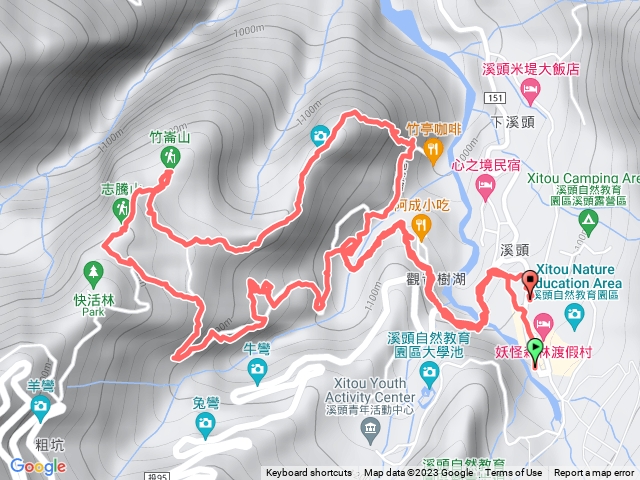 溪頭公車站、志騰山、竹崙山、溪頭山、溪頭公車站。