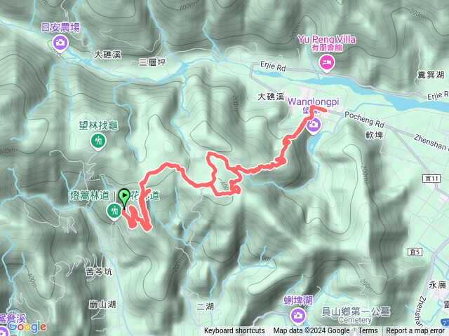 燈篙林道，肖楠步道，傻傻農場，大湖山，挑夫步道，湖山國小，望龍埤阿婆茶葉蛋