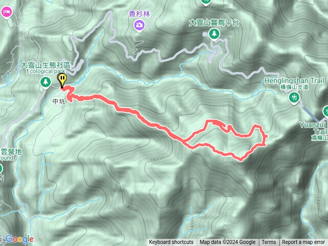 橫嶺山步道由生態社區6.5k處起登，至0.9k處轉往三角點，再往沙連山，O型下到步道3.2k處，再走預覽圖