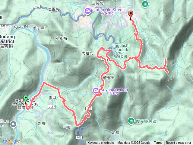九份賞芒路線（起：猴硐車站；訖：黃金博物館；經：猴硐神社、金字碑古道、探幽亭、不厭亭、燦光寮古道、草山、半屏山、金瓜石神社）預覽圖