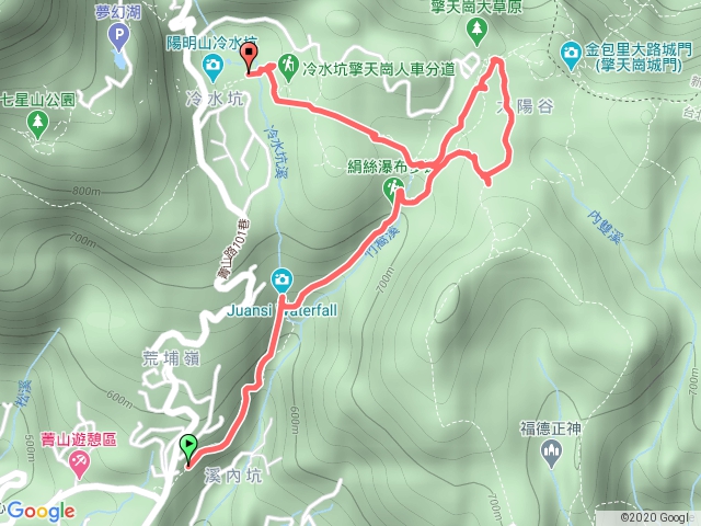 絹絲瀑布→擎天崗→雞心崙→菁山吊橋→冷水坑